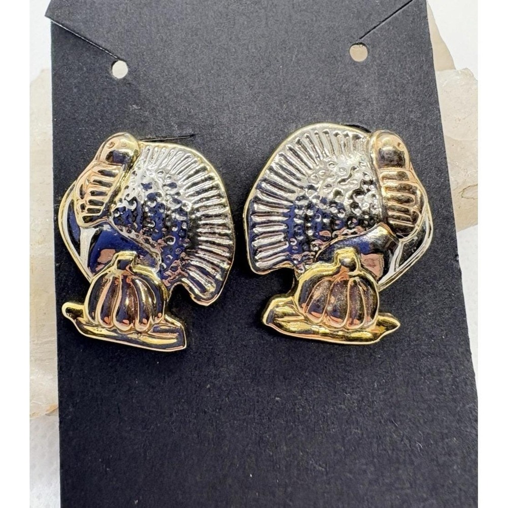 Vintage Thanksgiving Turkey Earrings Gold Tone Silver Fall Harvest Studs 80s 90s